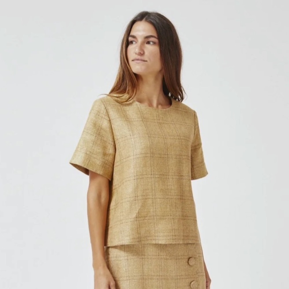 lisa marie fernandez natural windowpane basketweave linen trapeze t-shirt